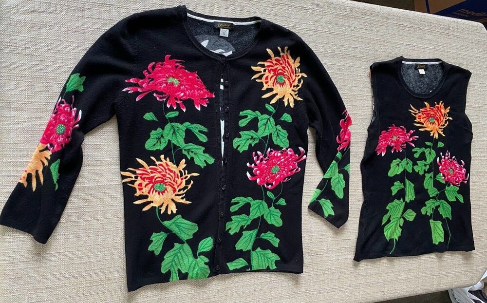 Elizabeth NY Black Floral Beaded Sequin Cardigan M and Tank Top L
